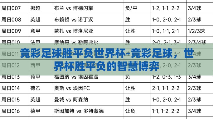 竞彩足球胜平负世界杯-竞彩足球，世界杯胜平负的智慧博弈