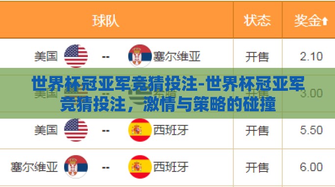 世界杯冠亚军竞猜投注-世界杯冠亚军竞猜投注，激情与策略的碰撞